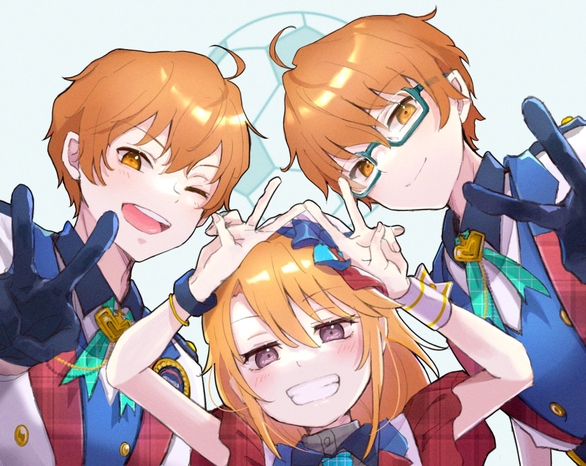 1girl 2boys ;) ahoge aoi_kyosuke aoi_yusuke ball blue-framed_eyewear blue_gloves bolo_tie bracelet brothers brown_eyes closed_mouth double_v glasses gloves grin highres idol_clothes idolmaster idolmaster_cinderella_girls idolmaster_poplinks idolmaster_side-m jewelry koichi_makoto multiple_boys one_eye_closed orange_eyes orange_hair short_sleeves siblings simple_background smile soccer_ball trait_connection twins v w_(idolmaster) white_background wrist_cuffs yuuki_haru