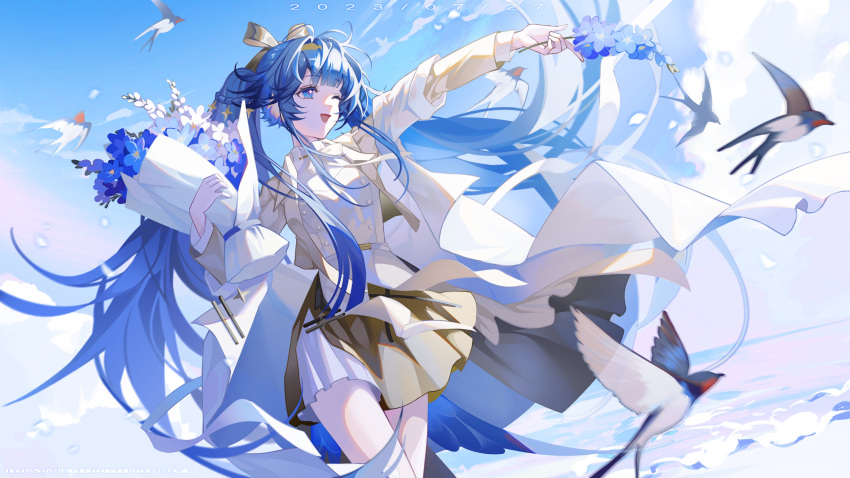 1girl ;d absurdres animal_ear_fluff arknights astgenne_(arknights) bird blue_eyes blue_flower blue_hair bouquet bow bowtie braid bright_pupils brown_skirt cloud collared_shirt commentary_request cowboy_shot dated flower hair_bow hairband highres holding holding_bouquet jacket layered_clothes layered_skirt long_hair long_sleeves one_eye_closed open_clothes open_jacket open_mouth procreate_(medium) shirt skirt sky smile twintails very_long_hair white_flower white_pupils white_shirt white_skirt xianyu_guguzi yellow_bow yellow_bowtie yellow_hairband yellow_jacket