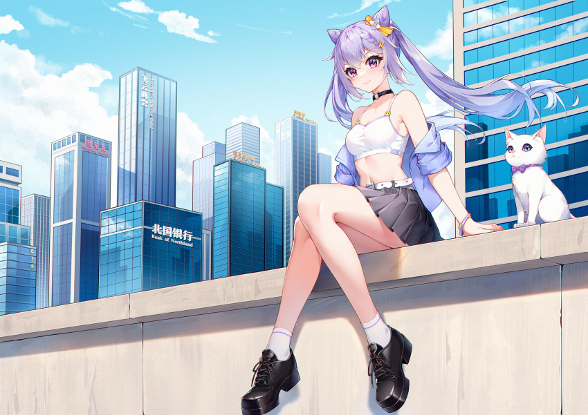 1girl alternate_costume animal bare_legs bare_shoulders belt black_choker black_footwear black_skirt bow braid breasts building camisole cat choker cityscape closed_mouth cone_hair_bun contemporary crop_top day floating_hair ge_zhong_kuaile genshin_impact hair_bow hair_bun highres jacket keqing_(genshin_impact) long_hair looking_at_viewer medium_breasts midriff miniskirt navel off_shoulder open_clothes open_jacket outdoors pleated_skirt purple_eyes purple_hair purple_jacket shirt shoes short_sleeves sitting skirt sleeveless sleeveless_shirt smile socks solo spaghetti_strap stomach thighs twintails v-shaped_eyebrows white_cat white_shirt white_socks
