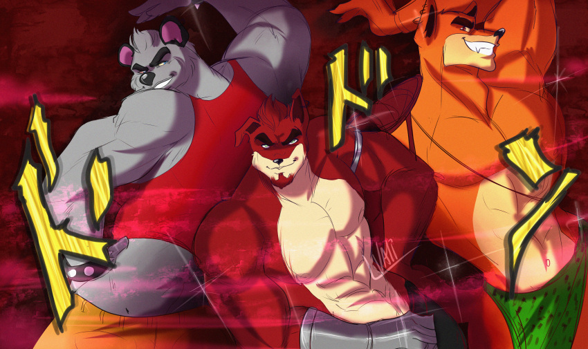 absurd_res activision anthro bandicoot bottomwear canid canine clothed clothing crash_bandicoot_(series) crunch_bandicoot dasyuromorph fur grey_body grey_fur group hi_res huge_filesize jojo's_bizarre_adventure jojo_pose koala koala_kong loincloth male mammal marsupial muscular muscular_male pecs pose red_body red_fur thylacine tiny_tiger trio valiith-draws vombatiform