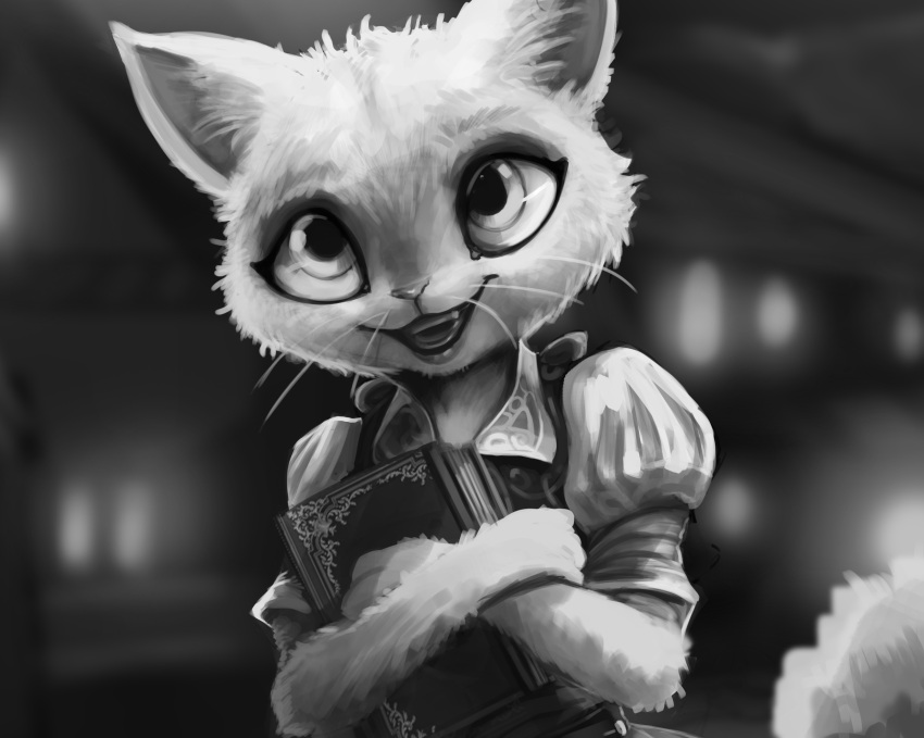 2023 anthro big_eyes book crossed_arms domestic_cat dreamworks dulcinea_(puss_in_boots) felid feline felis female greyscale hi_res mammal monochrome netflix open_mouth solo the_adventures_of_puss_in_boots tonal_drawing tongue whiskers wugi