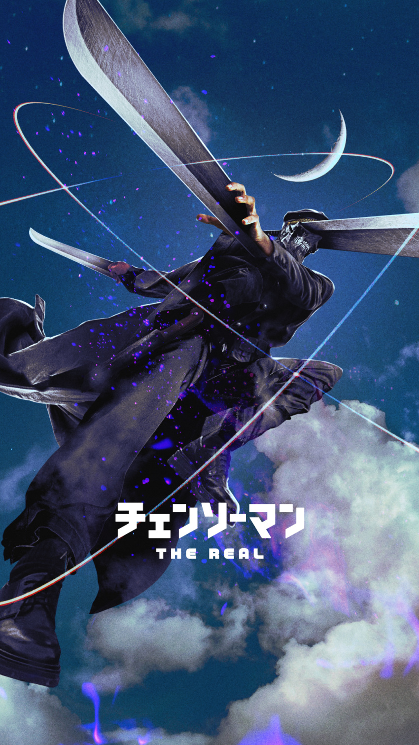 1boy black_coat black_pants black_shirt blue_sky chainsaw_man chainsoul4 cloud coat crescent_moon facing_to_the_side foreshortening highres katana katana_man_(chainsaw_man) midair moon pants shirt sky slashing solo sword weapon
