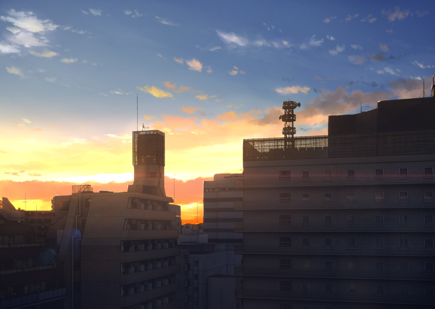 anyotete blue_sky building city cityscape cloud commentary day dusk english_commentary evening highres lens_flare no_humans original outdoors satellite_dish scenery sky