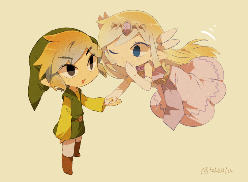 1boy 1girl artist_name back belt blonde_hair blue_eyes blush dress floating_hair gloves green_headwear jewelry link long_hair looking_at_viewer multicolored_hair necklace pink_dress pointy_ears princess_zelda short_hair the_legend_of_zelda the_legend_of_zelda:_spirit_tracks the_legend_of_zelda:_the_wind_waker tiara tokuura toon_link toon_zelda