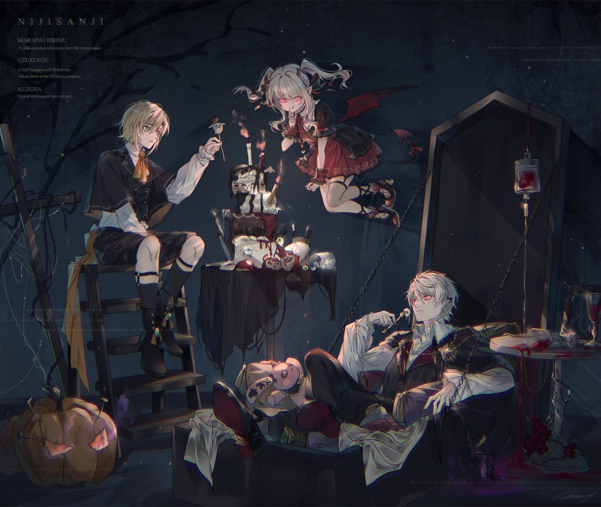 1girl 2boys :p ascot blonde_hair blood blood_bag cake candle chain coffin cross demon_girl demon_horns demon_tail earrings eyeball fingernails floating food fork green_eyes halloween highres holding holding_fork horns jack-o'-lantern jewelry kuzuha_(nijisanji) makaino_ririmu mokoppe multiple_boys nail nijisanji orange_ascot pink_eyes red_eyes sharp_fingernails shoes tail tongue tongue_out uzuki_kou virtual_youtuber white_hair wrist_cuffs