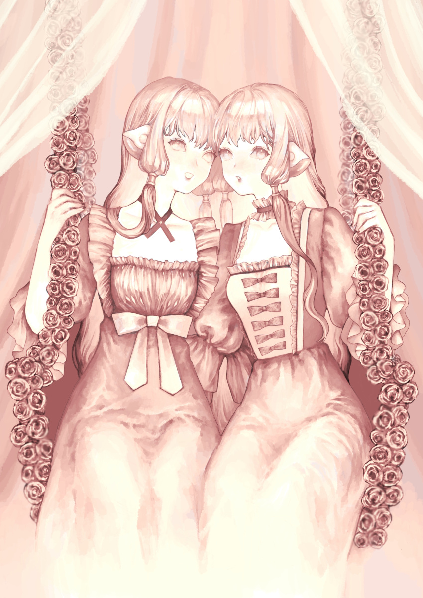 2girls :d absurdres blackblackblack bow chii chobits choker collarbone curtains dress eyelashes flower freya_(chobits) hair_tubes highres long_hair monochrome multiple_girls pink_theme robot_ears rose sitting smile