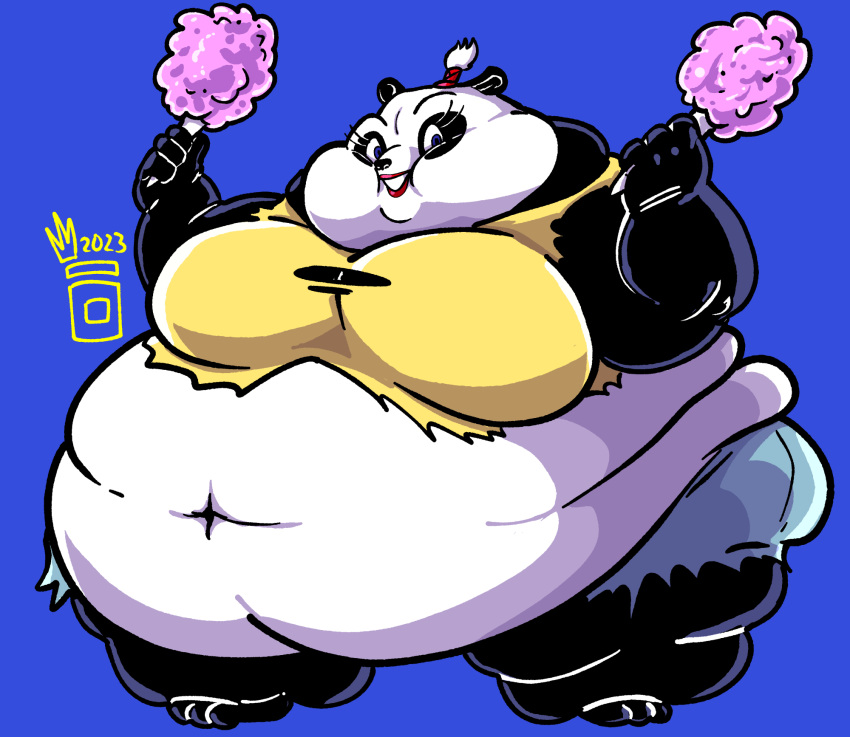 2023 accessory anthro bear belly big_belly big_breasts bottomwear breasts candy clenched_teeth clothed clothing cotton_candy dessert dreamworks female food giant_panda hair_accessory hairband hi_res holding_cotton_candy holding_food holding_object kung_fu_panda looking_at_viewer mammal mei_mei morbidly_obese morbidly_obese_anthro morbidly_obese_female navel obese obese_anthro obese_female overweight overweight_anthro overweight_female royaljellysandwich shirt shorts signature smile smiling_at_viewer solo standing tank_top teeth thick_thighs topwear