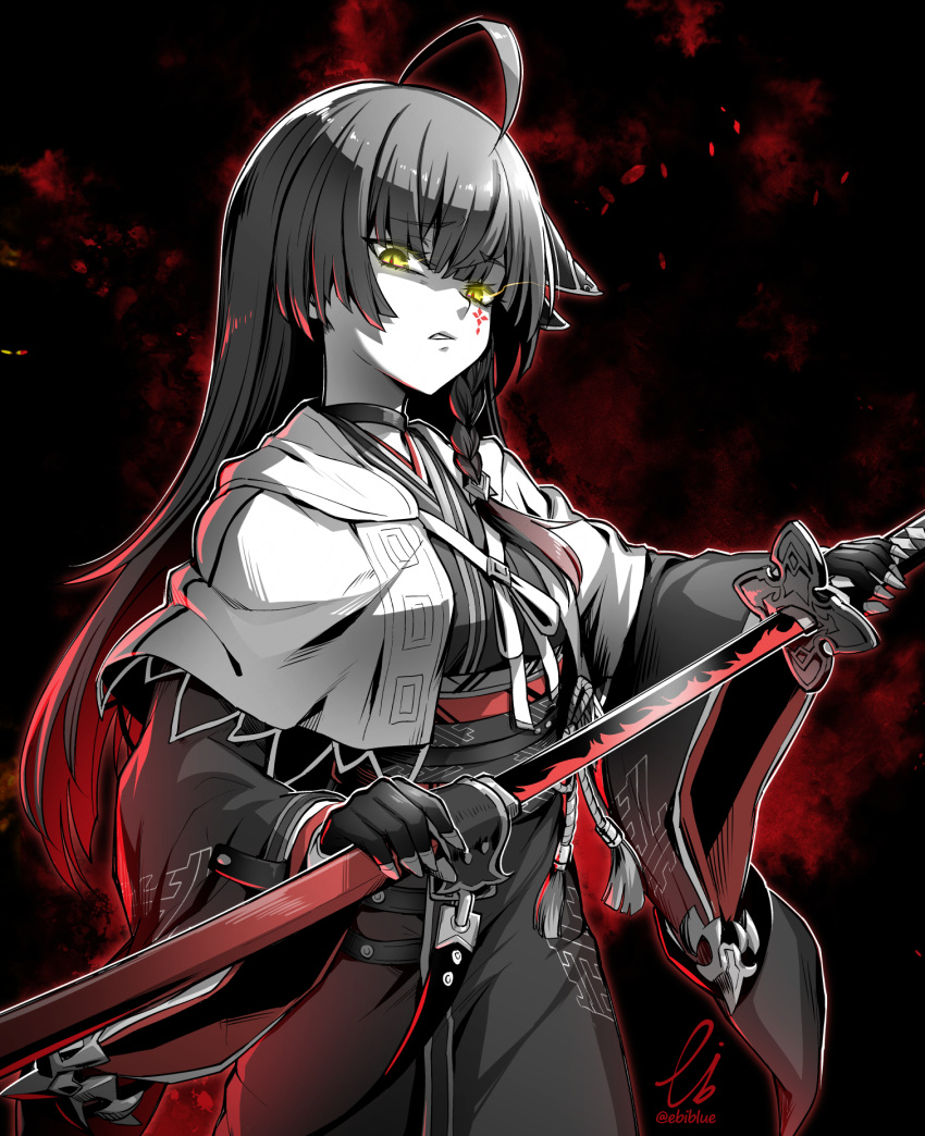 1girl ahoge braid commission ebiblue facial_mark gesugao greyscale highres holding holding_sword holding_weapon initial japanese_clothes katana kimono long_hair monochrome original sheath skeb_commission solo spot_color sword twitter_username unsheathing weapon wide_sleeves yellow_eyes
