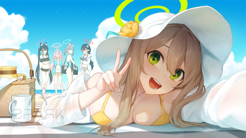 1girl 5girls bare_shoulders beach bikini blue_archive blue_sky blush breasts cleavage collarbone flower green_eyes halo hat hat_flower highres large_breasts light_brown_hair long_hair looking_at_viewer multiple_girls nonomi_(blue_archive) nonomi_(swimsuit)_(blue_archive) open_mouth sky smile solo_focus spark_(spark845) sun_hat swimsuit v white_headwear yellow_bikini