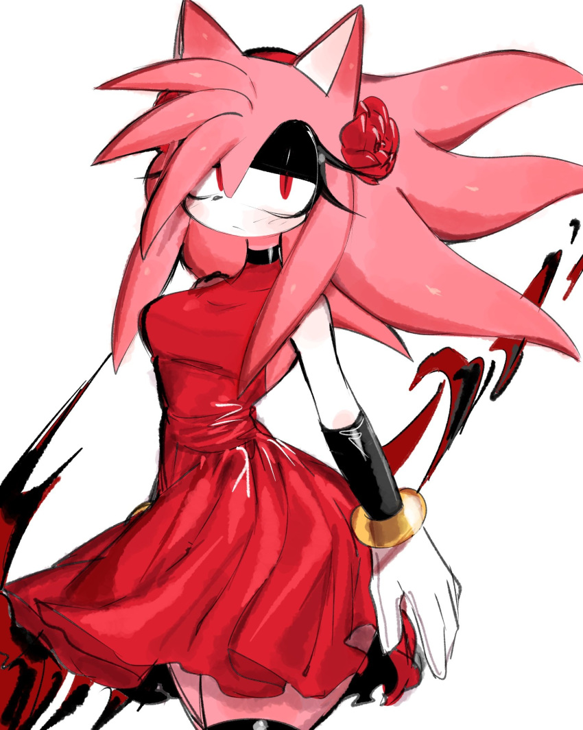 1girl amy_rose animal_nose black_choker black_eyeshadow black_thighhighs blush bracelet breasts choker closed_mouth cowboy_shot dress eyeshadow flower furry furry_female gloves hair_flower hair_ornament half-closed_eyes highres jewelry looking_at_viewer makeup red_dress red_eyes red_flower red_rose rose simple_background solo sonic_(series) thighhighs usa37107692 white_background white_gloves