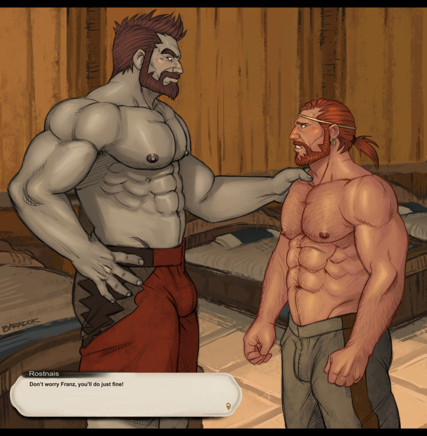 2boys abs arm_hair avatar_(ff14) bara beard bed bedroom body_hair bulge chest_hair colored_skin comforting earrings eye_contact facial_hair feet_out_of_frame final_fantasy final_fantasy_xiv green_skin growlygruntz hairy hands_on_another's_shoulder height_difference high_ponytail highres interspecies jewelry large_pectorals looking_at_another male_focus mature_male multiple_boys muscular muscular_male mustache navel_hair nipples pectorals red_shorts roegadyn short_hair shorts stomach subtitled topless_male yaoi