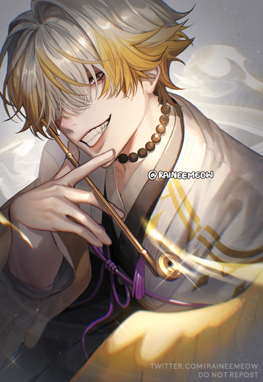 1boy algorhythm_project artist_name bead_necklace beads black_kimono blonde_hair commentary_request dacapo_(algorhythm_project) fangs glint grey_background grey_eyes grey_hair grin hair_intakes hair_over_eyes haori head_tilt highres holding holding_smoking_pipe jacket japanese_clothes jewelry kimono kiseru long_sleeves looking_at_viewer male_focus multicolored_hair necklace raineemeow short_hair simple_background smile smoke smoking_pipe solo tassel teeth thai_commentary twitter_username virtual_youtuber watermark white_jacket wide_sleeves