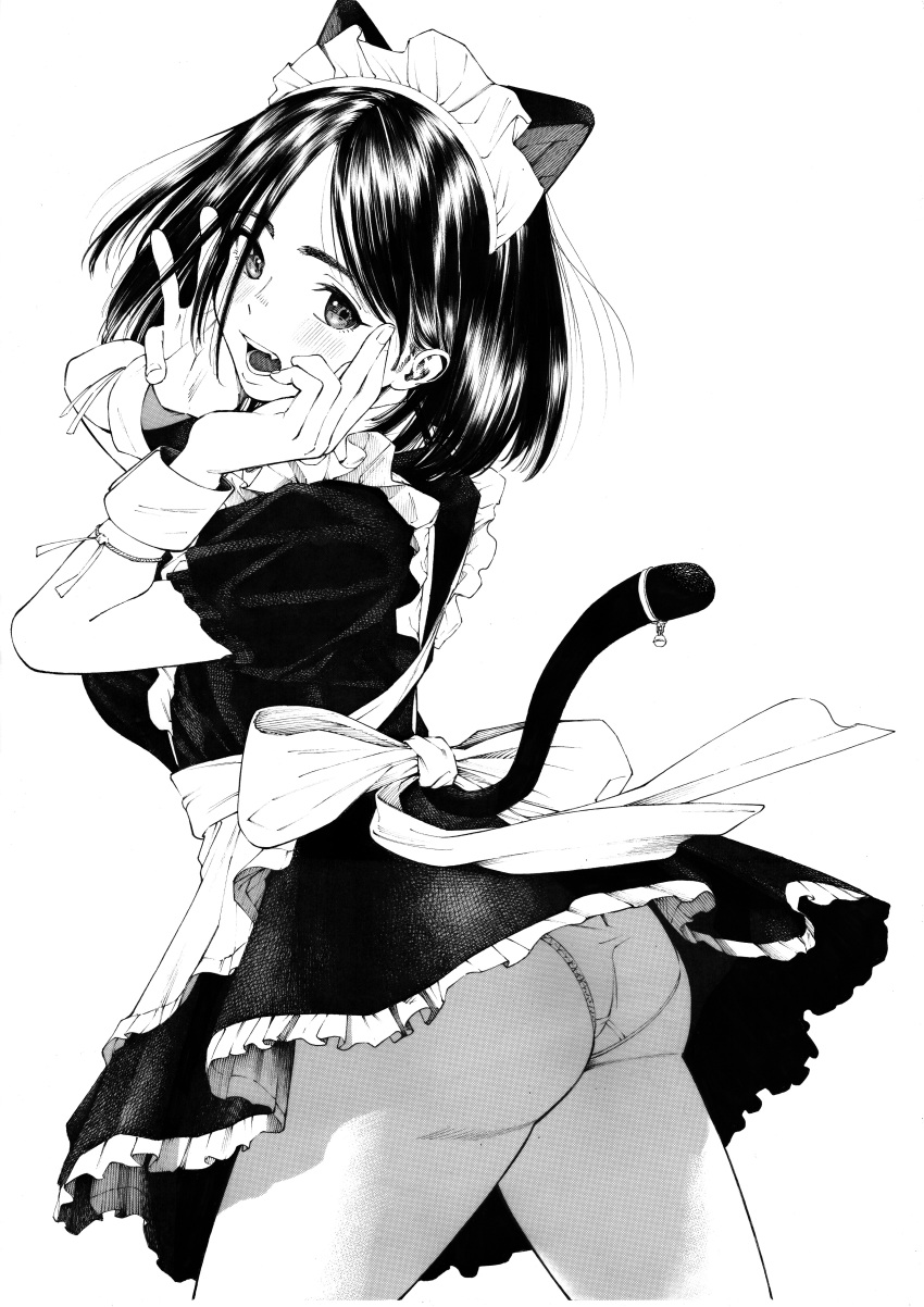 1girl absurdres animal_ears apron ass blush cat_ears cat_tail crosshatching dress fake_animal_ears fake_tail frilled_dress frills from_side gagaimo greyscale hair_over_one_eye hands_on_own_cheeks hands_on_own_face hatching_(texture) highres looking_at_viewer maid maid_apron maid_headdress monochrome open_mouth original panties short_hair solo tail teeth thighs traditional_media underwear wrist_cuffs