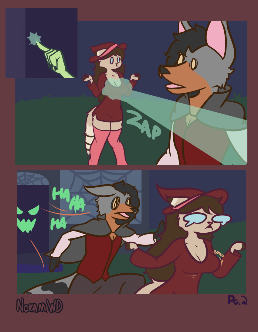 absurd_res anthro bam_(khainethewolf) big_breasts bouncing_breasts breast_expansion breasts comic duo expansion female hi_res khaine_(khainethewolf) magic_user male nokamiwd running scared simple_background tagme