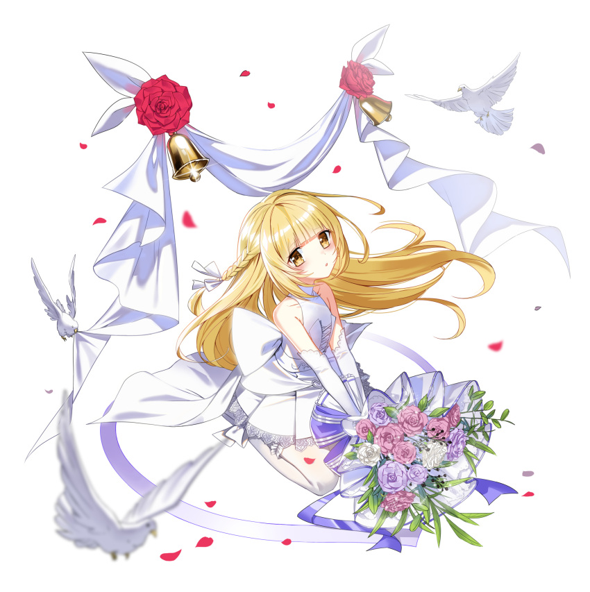 1girl :o back_bow banner bare_arms bell bird blonde_hair blush bouquet bow braid bridal_gauntlets closers dove dress falling_petals flat_chest flower frilled_thighhighs frills full_body hair_ribbon highres holding holding_bouquet kneeling lace-trimmed_dress lace_trim long_hair looking_at_viewer lucy_(closers) official_art petals pink_flower pink_rose purple_flower purple_rose red_flower red_rose ribbon rose short_dress side_braid sleeveless sleeveless_dress solo tachi-e thighhighs wedding_dress white_background white_bow white_bridal_gauntlets white_dove white_dress white_ribbon white_thighhighs yellow_eyes