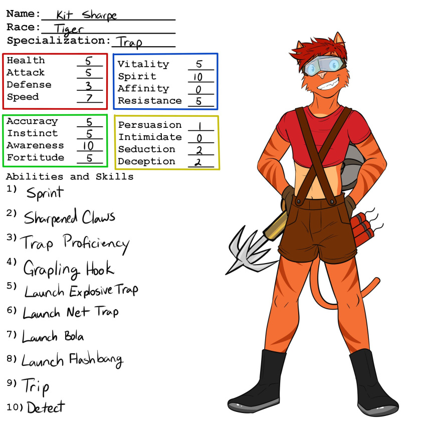 anthro boots bottomwear clothing crop_top dynamite explosives felid footwear fuze grin hands_on_hips hi_res hookshot kit_sharpe male mammal midriff model_sheet pantherine shirt shorts simple_background smile solo suspenders t-shirt tiger topwear visor white_background