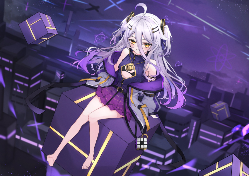 1girl absurdres ahoge barefoot black_bra blush bra breasts cleavage_cutout clothing_cutout cube dress gradient_hair grey_hair haidollo hair_between_eyes hair_ornament hairpin henya_the_genius highres jacket long_bangs long_hair looking_at_viewer multicolored_hair number_tattoo purple_dress purple_hair purple_jacket roman_numeral rubik's_cube shoulder_tattoo sidelocks sleeveless sleeveless_dress small_breasts smile solo tattoo two_side_up underwear virtual_youtuber vshojo zipper zipper_pull_tab