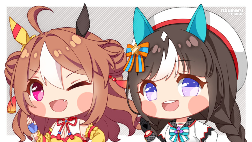 2girls ahoge animal_ears artist_name black_hair blue_gloves braid breasts brown_hair cleavage copano_rickey_(umamusume) detached_sleeves double_bun ear_covers fang fingerless_gloves fpsmoe gloves grey_background hair_bun hair_ornament hand_up hat hokko_tarumae_(umamusume) horse_ears horse_girl long_hair long_sleeves looking_at_viewer low_twin_braids multicolored_hair multiple_girls one_eye_closed open_mouth pink_eyes plaid_sailor_collar simple_background smile streaked_hair tassel tassel_hair_ornament teeth twin_braids umamusume upper_body upper_teeth_only white_hair white_headwear