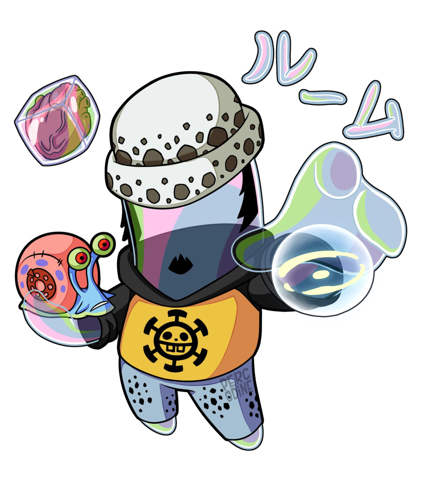 animate_inanimate beard bubble_buddy clothing cosplay duo facial_hair gary_the_snail gastropod hat headgear headwear hi_res humanoid hybrid living_bubble male mollusk nickelodeon one_piece percodine_(artist) simple_background snail spongebob_squarepants trafalgar_law white_background