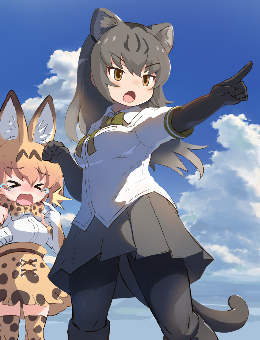 &gt;_&lt; 2girls animal_ears black_gloves black_hair black_pantyhose blonde_hair blush bow bowtie cat_ears cat_girl cat_tail elbow_gloves extra_ears fang gloves green_bow green_bowtie grey_skirt high-waist_skirt highres jaguarundi_(kemono_friends) kemono_friends koutsuu_(koutuukanseikan) long_hair multiple_girls open_mouth orange_eyes pantyhose pleated_skirt pointing print_bow print_bowtie print_gloves print_skirt print_thighhighs serval_(kemono_friends) serval_print shirt short_hair skirt sleeveless tail tears white_gloves white_shirt zettai_ryouiki