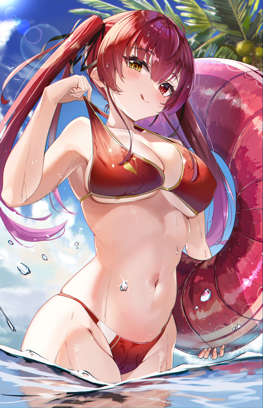 1girl :p absurdres beach bikini blush breasts hair_ribbon heterochromia highres holding holding_innertube hololive houshou_marine innertube large_breasts long_hair mixed-language_commentary navel palm_tree partially_submerged partially_underwater_shot puripuri red_bikini red_eyes red_hair ribbon smile solo stomach summer swimsuit tongue tongue_out tree twintails water water_drop wet yellow_eyes