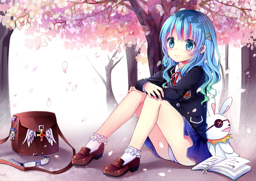 1girl absurdres black_jacket blue_eyes blue_hair blue_skirt book cherry_blossoms crossed_arms date_a_live day eyewear_removed green_hair gyaza highres jacket loafers long_hair miniskirt multicolored_hair neck_ribbon open_book outdoors panties pantyshot photoshop_(medium) pleated_skirt red_ribbon ribbon shoes sitting skirt smile socks solo striped striped_panties tree two-tone_hair underwear white_socks yoshino_(date_a_live) yoshinon