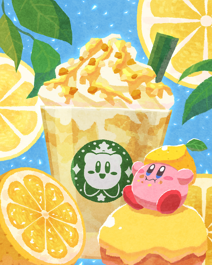 :i blue_background blush_stickers cup disposable_cup food food-themed_hat food_focus food_on_face frappuccino fruit highres kirby kirby_(series) leaf lemon lemon_slice miclot no_humans red_footwear shoes starbucks whipped_cream