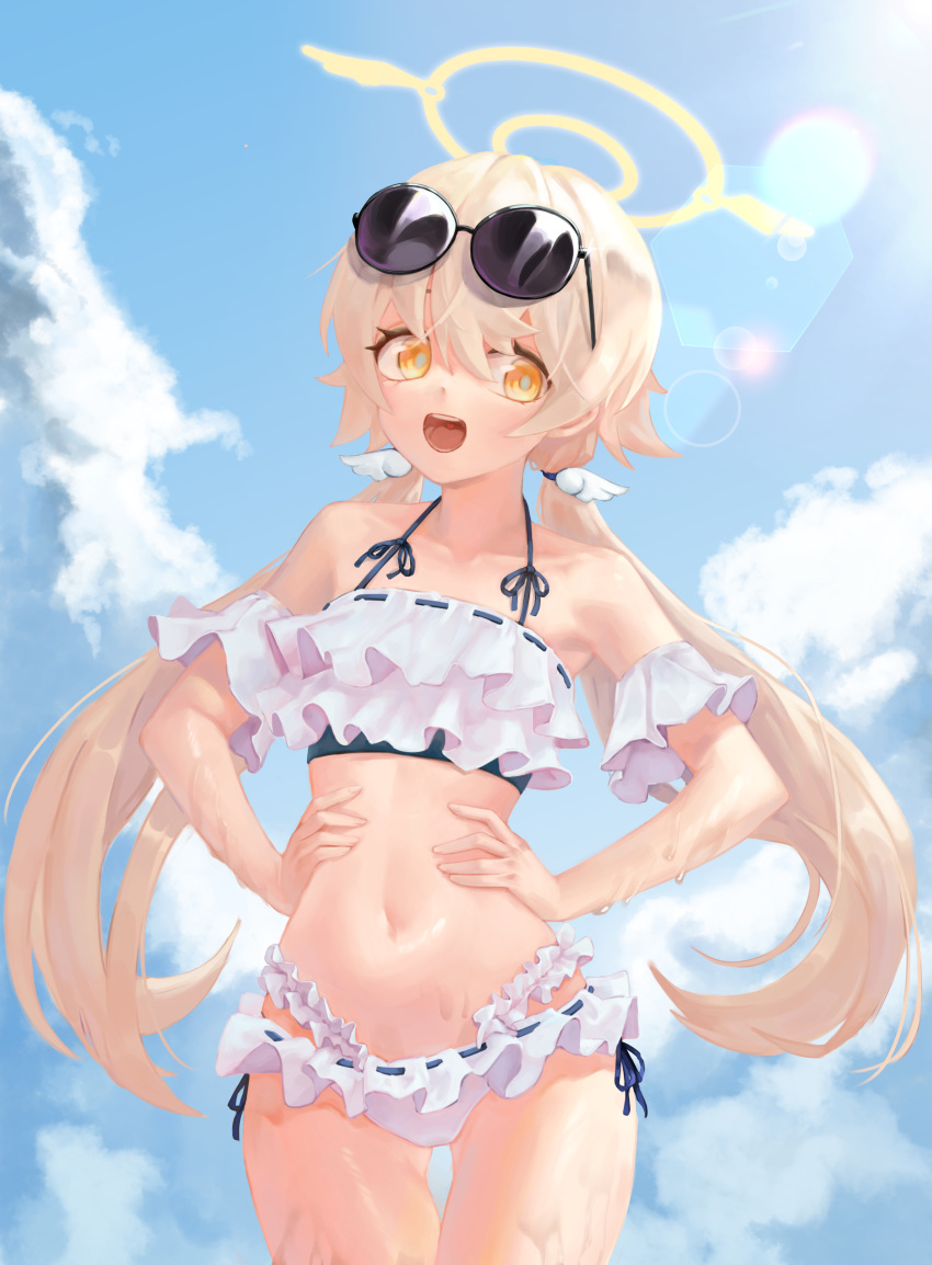 1girl :d absurdres bikini blue_archive blue_sky blurry brown_hair cloud cloudy_sky collarbone commentary_request depth_of_field eyewear_on_head frilled_bikini frills hair_between_eyes halo hands_on_own_hips hifumi_(blue_archive) hifumi_(swimsuit)_(blue_archive) highres long_hair looking_at_viewer low_twintails navel official_alternate_costume outdoors sidelocks sky sleeveless smile solo spaghetti_strap stomach sunglasses swimsuit twintails wet wet_clothes wet_swimsuit white_bikini whonyang wing_hair_ornament yellow_eyes