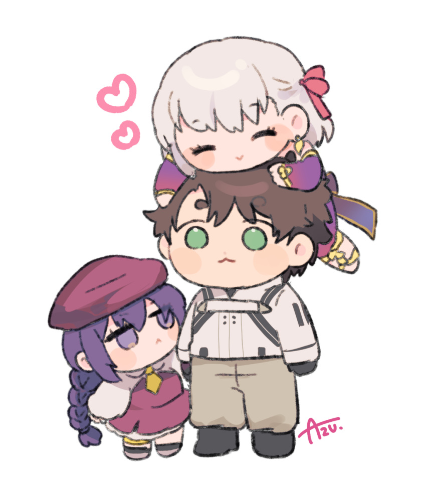 1boy 2girls :3 artist_name azu_(kirara310) beret black_footwear black_gloves black_hair blush_stickers braid braided_ponytail chibi closed_eyes closed_mouth commentary_request fate/grand_order fate_(series) fujimaru_ritsuka_(male) fujimaru_ritsuka_(male)_(decisive_battle_chaldea_uniform) full_body gloves green_eyes grey_pants hair_ribbon hat heart highres jacket kama_(fate) kama_(first_ascension)_(fate) multiple_girls necktie on_head pants person_on_head pink_ribbon purple_eyes purple_hair purple_headwear ribbon shoes short_hair simple_background sion_eltnam_sokaris smile uniform white_background white_hair white_jacket yellow_necktie