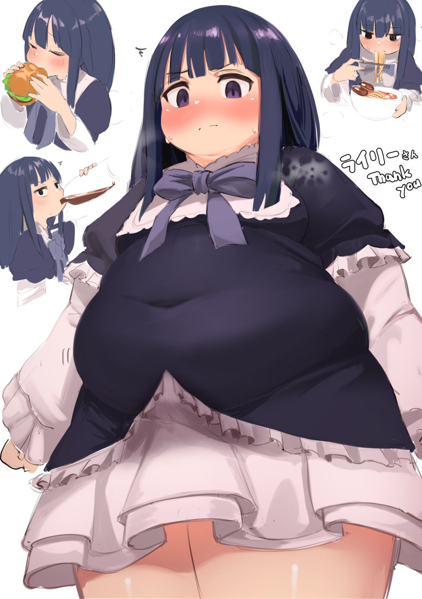 1girl =3 absurdres arms_at_sides blue_dress blue_hair blunt_bangs bow bowl chopsticks closed_eyes closed_mouth commentary_request commission covered_navel cowboy_shot cropped_torso dress drinking eating english_text fat food frederica_bernkastel frills hair_between_eyes highres holding holding_chopsticks holding_food lettuce long_hair long_sleeves looking_at_viewer looking_down looking_to_the_side multiple_views nimo_(b45ui) noodles purple_eyes ramen sidelocks simple_background skeb_commission split_mouth straight_hair sweat thick_thighs thighs translation_request umineko_no_naku_koro_ni upper_body white_background white_dress