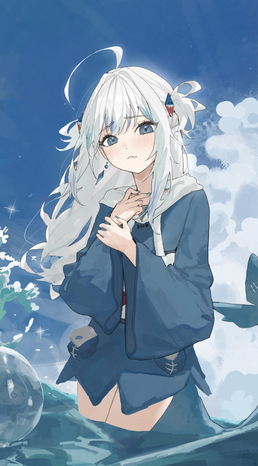 1girl absurdres ahoge arch_05x ball beachball blue_dress blue_eyes blue_hair blue_hoodie blush dress fingernails fins fish_tail gawr_gura gawr_gura_(1st_costume) grey_hair hair_ornament highres hololive hololive_english hood hooded_dress hoodie looking_at_viewer medium_hair multicolored_hair nail_polish outdoors shark_girl shark_hair_ornament shark_tail smile solo streaked_hair tail two_side_up virtual_youtuber wading white_hair wide_sleeves