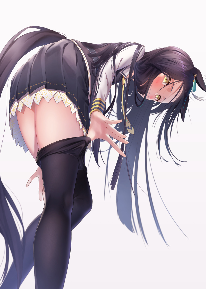 1girl absurdres animal_ears bent_over black_hair black_pantyhose black_shirt black_skirt blue_eyes blush covered_mouth earrings feet_out_of_frame fine_fabric_emphasis grey_background highres horse_ears horse_girl horse_tail jewelry legs long_hair long_sleeves looking_at_viewer manhattan_cafe_(umamusume) necktie pantyhose reo-illust4696 shirt single_earring skirt solo standing tail umamusume undressing yellow_eyes yellow_necktie