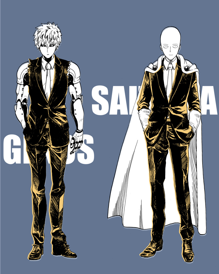 2boys absurdres bald cape character_name colored_sclera commentary_request cyborg elbow_gloves formal genos gloves greyscale hand_in_pocket hands_in_pockets highres male_focus mechanical_arms mochishio monochrome multiple_boys necktie one-punch_man saitama_(one-punch_man) spot_color suit torn_jacket