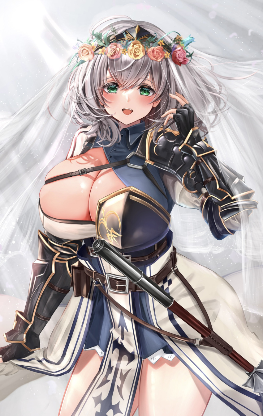 1girl absurdres armor armored_dress belt belt_pouch black_gloves blue_collar blush braid breasts chest_belt chest_guard chest_harness chest_strap cleavage cleavage_cutout clothing_cutout collar collared_dress dress fingerless_gloves gloves greaves green_eyes grey_hair harness highres hololive large_breasts leather_belt looking_at_viewer mace maison_de_cante medium_hair open_mouth pauldrons pelvic_curtain pleated_dress pouch puffy_sleeves shirogane_noel shirogane_noel_(1st_costume) short_dress short_hair shoulder_armor single_pauldron smile solo tabard tiara vambraces virtual_youtuber waist_cape wavy_hair weapon wrist_guards