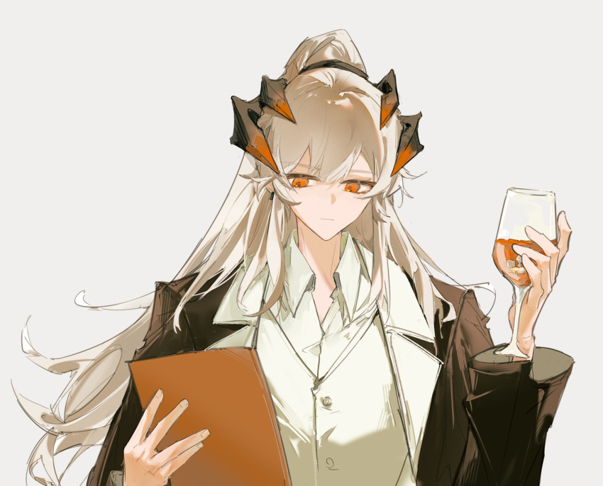 1girl arknights black_jacket cup dragon_girl dragon_horns dress_shirt earrings hands_up highres holding holding_cup holding_notebook horns jacket jewelry long_hair long_sleeves notebook open_clothes open_jacket orange_eyes ponytail saria_(arknights) shirt simple_background solo suit_jacket upper_body very_long_hair white_background white_hair white_shirt z_shuidao
