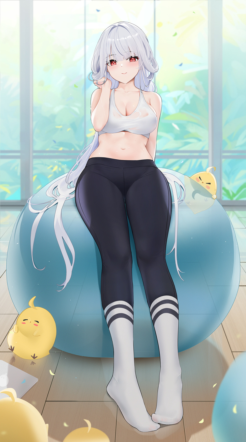 1girl azur_lane ball black_pants blush breasts cleavage collarbone commentary_request exercise_ball full_body grey_hair groin highres large_breasts long_hair looking_at_viewer marseillaise_(azur_lane) marseillaise_(fighting_angel's_regimen)_(azur_lane) navel official_alternate_costume pants partial_commentary qing_wu red_eyes sitting smile solo sports_bra stomach very_long_hair white_sports_bra wooden_floor yoga_pants