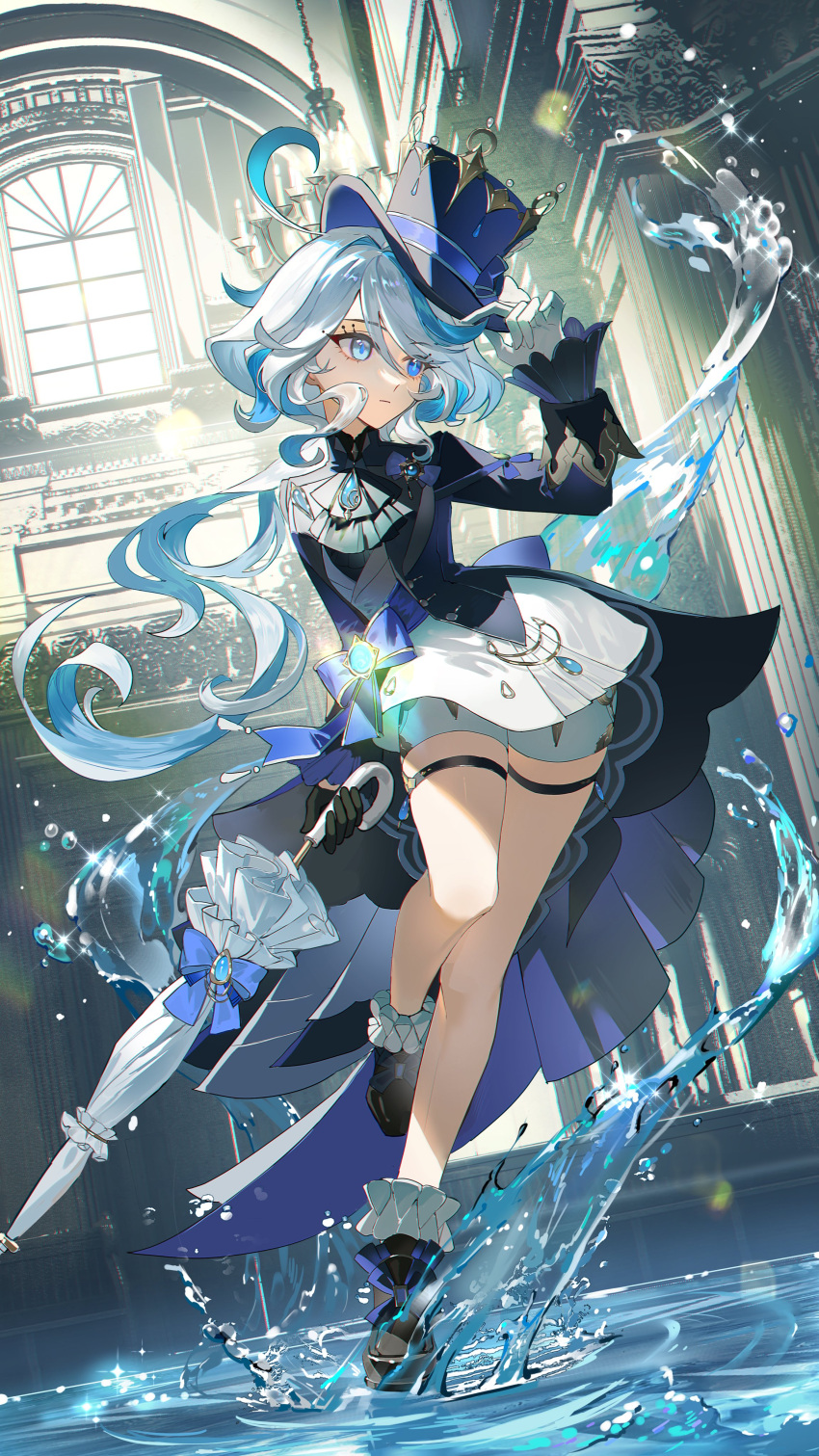 1girl absurdres ahoge ascot asymmetrical_gloves black_ascot black_gloves blue_eyes blue_gemstone blue_hair blue_headwear blue_jacket building closed_mouth cowlick furina_(genshin_impact) gem genshin_impact gloves guaisen hat highres jacket light_blue_hair long_hair long_sleeves mismatched_gloves mismatched_pupils shorts solo thigh_strap top_hat water white_gloves white_shorts
