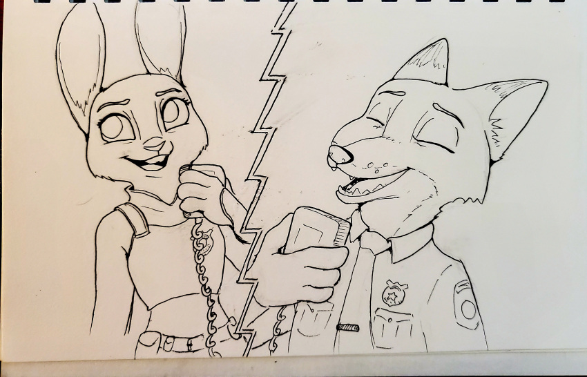 absurd_res anthro badge canid canine clothing disney drawing duo female fox hi_res judy_hopps lagomorph leporid male male/female mammal nick_wilde photo police_uniform rabbit radio simple_background sketch smile tggeko uniform white_background zootopia