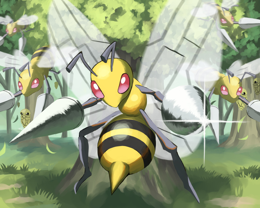 absurdres beedrill blurry bright_pupils commentary day falling_leaves flying glint grass highres jira_(ziraiya26) kakuna leaf looking_at_viewer no_humans outdoors pink_eyes pokemon pokemon_(creature) tree white_pupils