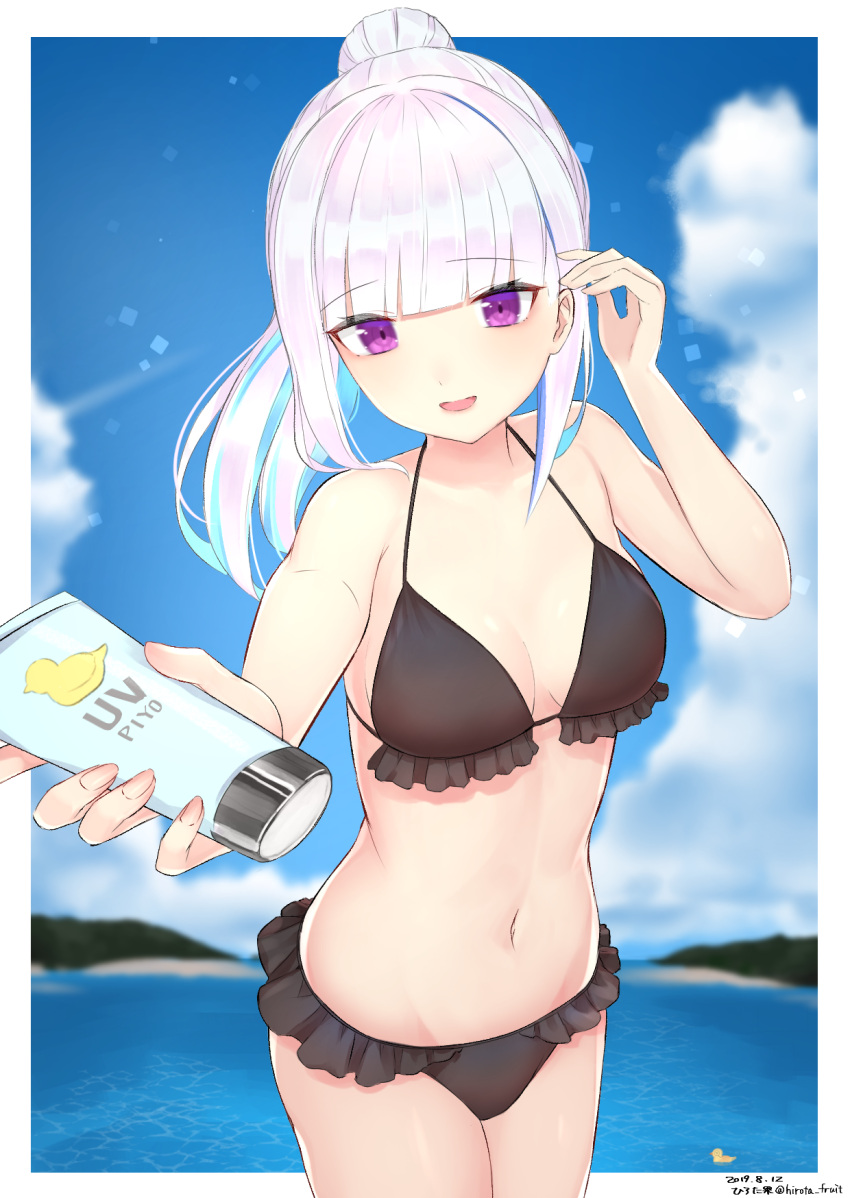 1girl adjusting_hair beach bikini black_bikini blue_hair blue_sky blunt_bangs breasts cloud colored_inner_hair day frilled_bikini frills giving hair_bun highres hirota_fruit light_blue_hair lize_helesta long_hair looking_at_viewer lotion medium_breasts multicolored_hair navel nijisanji ocean open_mouth outdoors outside_border ponytail purple_eyes sky smile solo stomach streaked_hair sunscreen swimsuit two-tone_hair virtual_youtuber white_hair