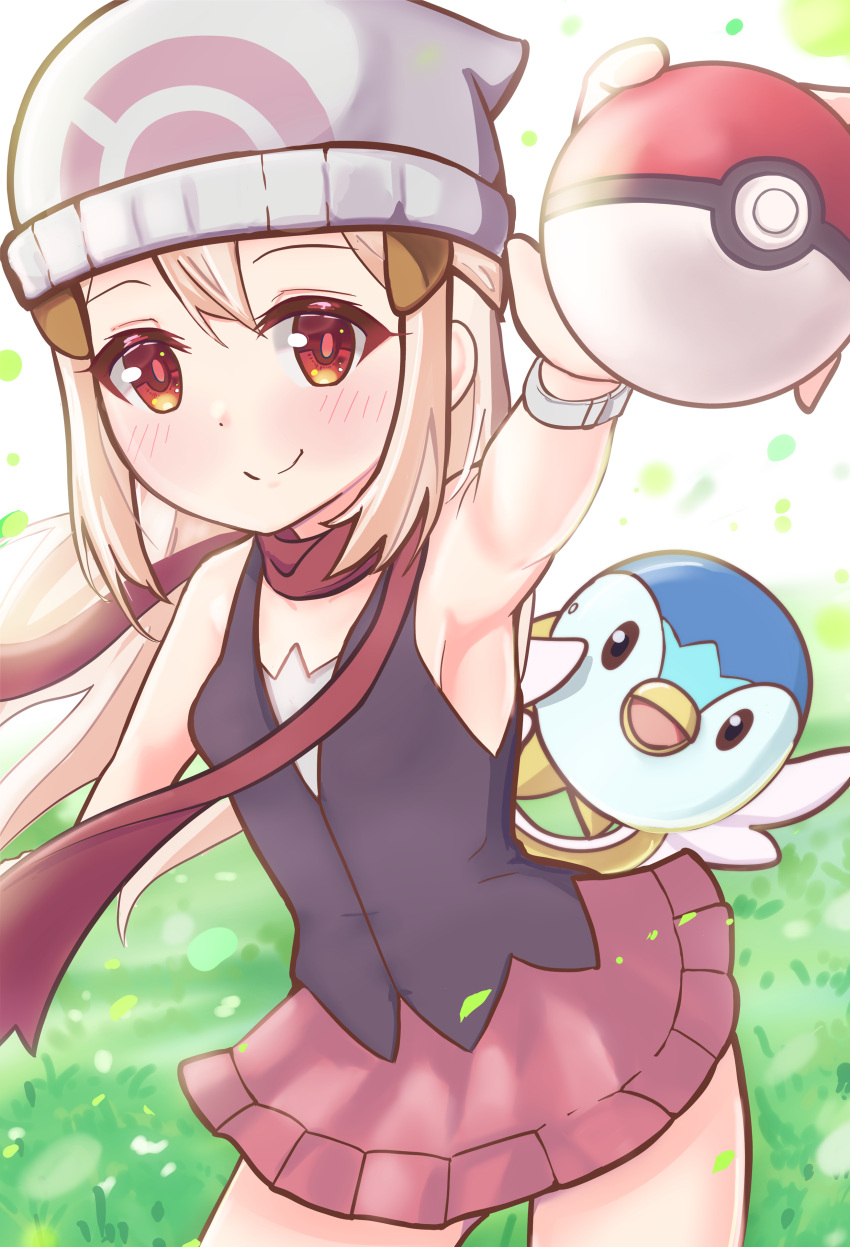 1girl absurdres armpits beanie blonde_hair breasts closed_mouth cosplay dawn_(pokemon) dawn_(pokemon)_(cosplay) fate/kaleid_liner_prisma_illya fate_(series) hat highres illyasviel_von_einzbern long_hair looking_at_viewer miniskirt outdoors pan_korokorosuke pink_footwear piplup poke_ball pokemon pokemon_(anime) pokemon_(creature) red_eyes red_scarf scarf sidelocks skirt small_breasts smile