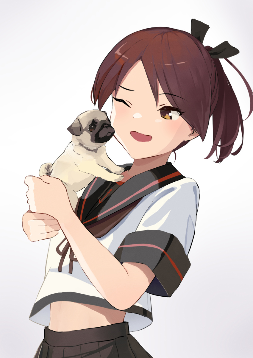 1girl ;d animal black_sailor_collar brown_eyes brown_hair brown_skirt commission dog highres holding holding_animal holding_dog kantai_collection medium_hair midriff no_navel one_eye_closed parted_bangs pixiv_commission pleated_skirt ponytail pug sailor_collar shikinami_(kancolle) shikinami_kai_ni_(kancolle) simple_background skirt smile solo white_background yuu+