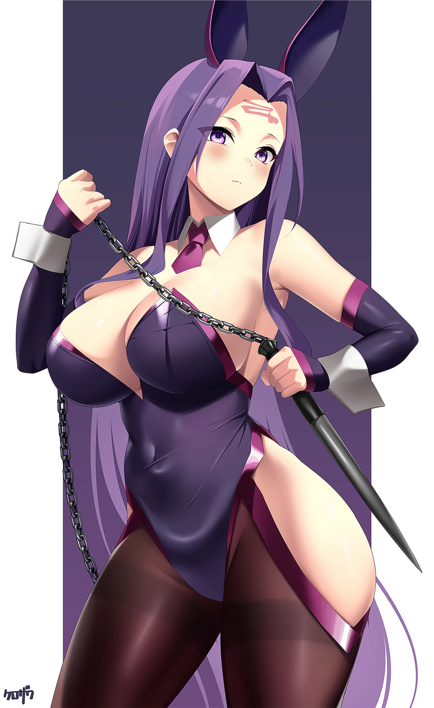 1girl absurdres animal_ears breasts brown_pantyhose chain covered_navel dagger detached_collar detached_sleeves facial_mark fake_animal_ears fate/grand_order fate/stay_night fate_(series) forehead forehead_mark highleg highleg_leotard highres hip_vent knife kurozawa_yui large_breasts leotard long_hair looking_at_viewer medusa_(fate) medusa_(rider)_(fate) nameless_dagger_(fate) pantyhose parted_bangs playboy_bunny purple_eyes purple_hair purple_leotard rabbit_ears sidelocks solo thighband_pantyhose very_long_hair weapon wrist_cuffs
