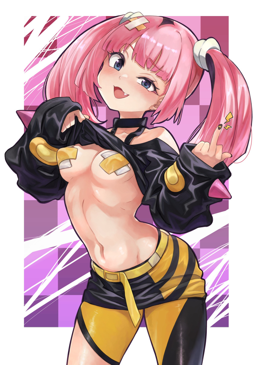 1girl :d absurdres belt belt_buckle black_choker blue_eyes blush breasts buckle caee_penguin choker clothes_lift commentary_request eyelashes fang hair_ornament half-closed_eye head_tilt highres leggings lifted_by_self lightning_bolt_symbol looking_at_viewer middle_finger navel off_shoulder open_mouth pasties pink_hair pokemon pokemon_(anime) pokemon_horizons sango_(pokemon) skirt smile solo tongue twintails yellow_belt