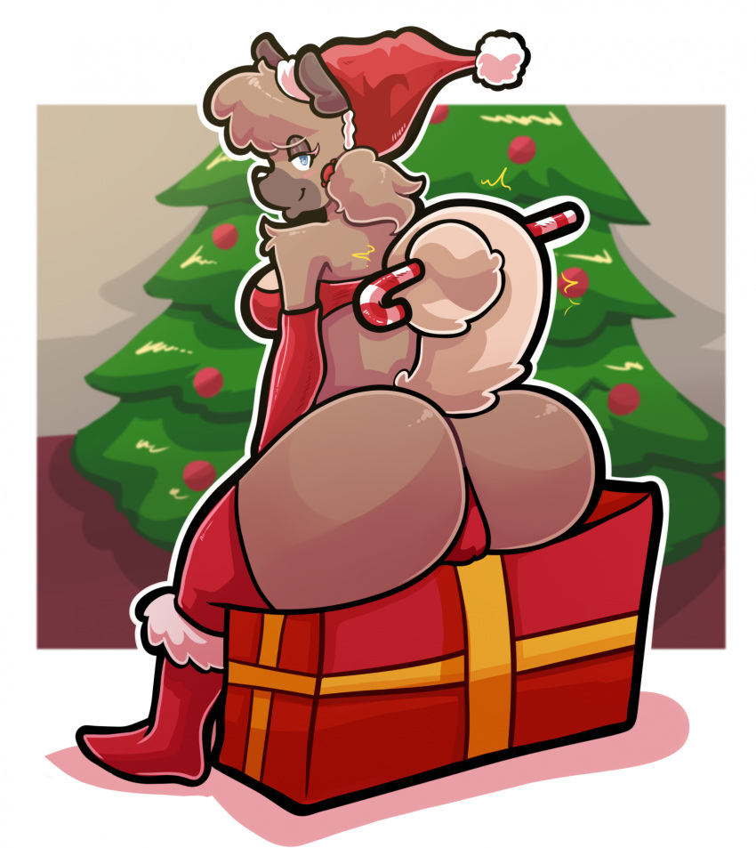 anthro big_butt blush brown_body butt canid canine canis christmas christmas_clothing christmas_headwear christmas_tree clothing digital_media_(artwork) female generation_7_pokemon gift hair hat headgear headwear hi_res holidays kiss_the_carrot looking_at_viewer mammal nintendo petra_(carrot_kiss) plant pokemon pokemon_(species) rockruff santa_hat shaded smile solo tree