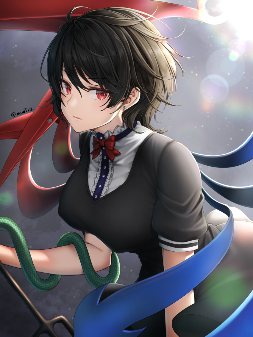 1girl absurdres asymmetrical_wings black_dress black_hair blue_wings breasts closed_mouth dress ear_piercing highres houjuu_nue looking_at_viewer medium_breasts mitama_mudimudi piercing polearm red_eyes red_wings short_hair short_sleeves solo touhou trident twitter_username weapon wings