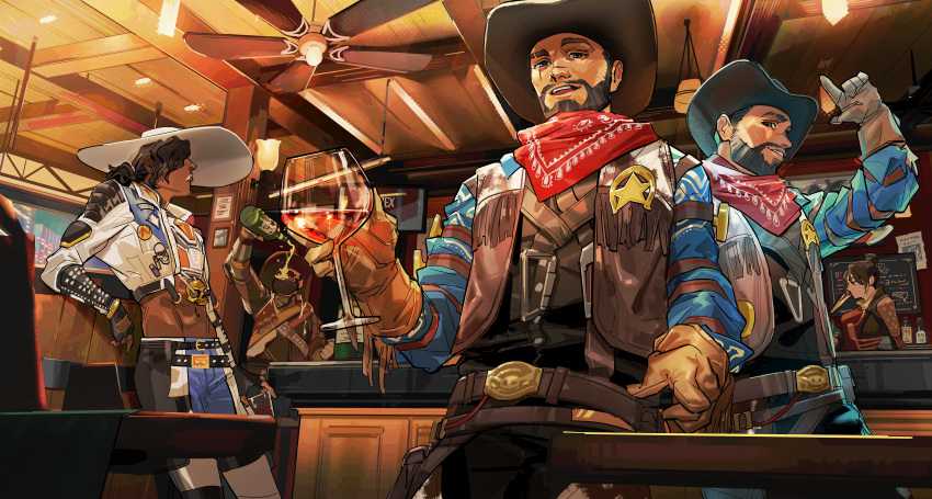 abs absurdres aces_high_seer airship_assassin_wraith apex_legends bandana belt black_gloves black_hair boared_to_death_fuse brown_belt brown_gloves brown_headwear brown_jacket brown_vest ceiling_fan cowboy cowboy_hat cropped_jacket cup dark-skinned_male dark_skin drinking drinking_glass finger_gun fingerless_gloves fuse_(apex_legends) gloves hair_behind_ear hair_bun hat highres holding holding_cup holding_hands jacket male_focus mirage_(apex_legends) navel old_town_mirage open_mouth pants parted_lips red_bandana seer_(apex_legends) sheriff_badge single_hair_bun smile thundergotch vest white_jacket white_pants wine_glass wraith_(apex_legends)