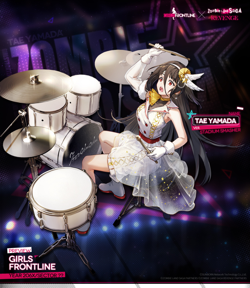 1girl ascot bandaged_head bandages black_hair boots breasts buttons character_name colored_shoe_soles commentary copyright_name cymbals double-breasted dress drum drum_set drumsticks earrings english_commentary english_text full_body fur-trimmed_sleeves fur_trim girls'_frontline gloves hair_between_eyes hairband highres holding holding_drumsticks imoko_(imonatsuki) instrument jewelry large_breasts long_hair music no_socks official_alternate_costume official_art open_mouth playing_instrument promotional_art red_eyes see-through see-through_sleeves single_sleeve sitting solo star_(symbol) white_dress white_footwear white_gloves white_hairband yamada_tae yellow_ascot zombie_land_saga