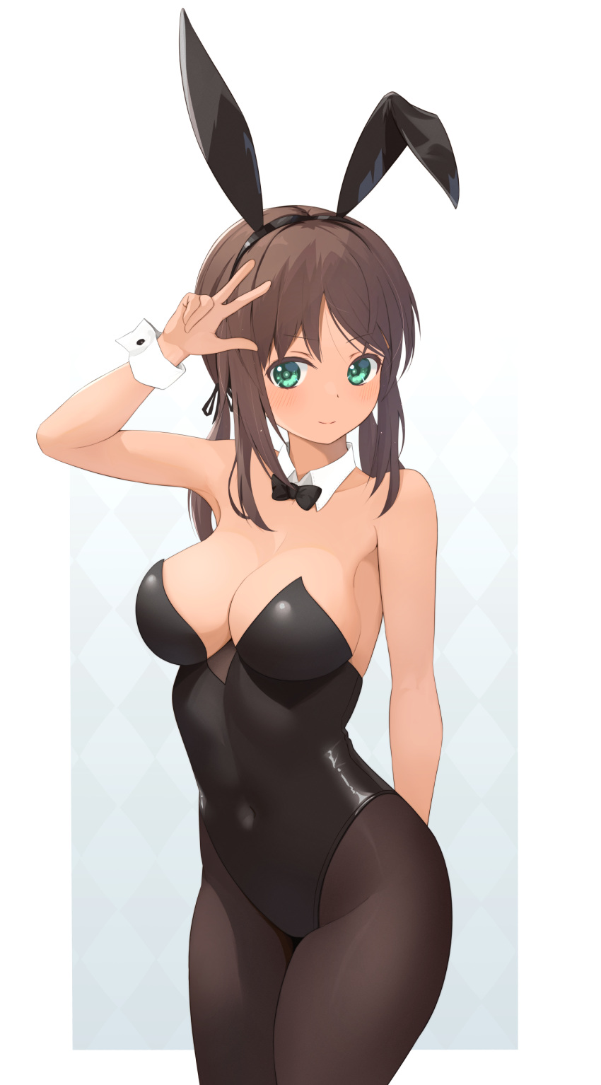 1girl absurdres alice_gear_aegis animal_ears black_bow black_bowtie black_leotard black_pantyhose bow bowtie breasts brown_hair cleavage cowboy_shot dark-skinned_female dark_skin detached_collar gradient_background green_eyes highleg highleg_leotard highres kaneshiya_sitara large_breasts leotard long_hair looking_at_viewer low_ponytail nasuno pantyhose playboy_bunny rabbit_ears sidelocks solo strapless strapless_leotard v white_background wrist_cuffs