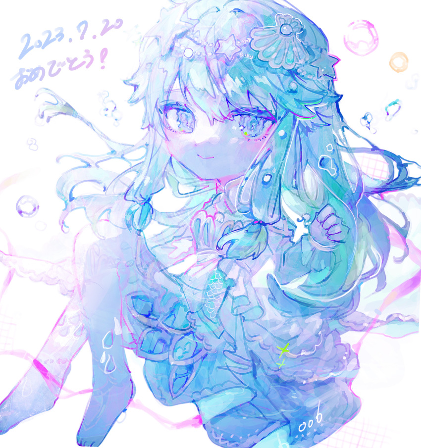 1girl absurdres aqua_dress aqua_hair aqua_theme artist_name bubble chibi closed_mouth congratulations dated dress floating_hair hair_flaps hair_ornament highres knees_up kusanagi_nene long_hair looking_at_viewer low_tied_sidelocks orokudesu project_sekai seashell shell shell_hair_ornament signature smile solo star_(symbol) star_hair_ornament water_drop watercolor_effect